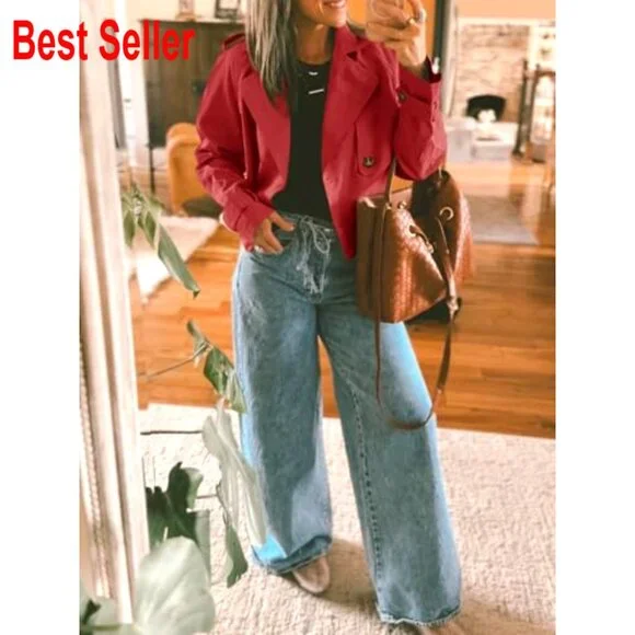 Cropped Trench Coat Double Breasted Lapel Jacket Vintage Casual Lightweight